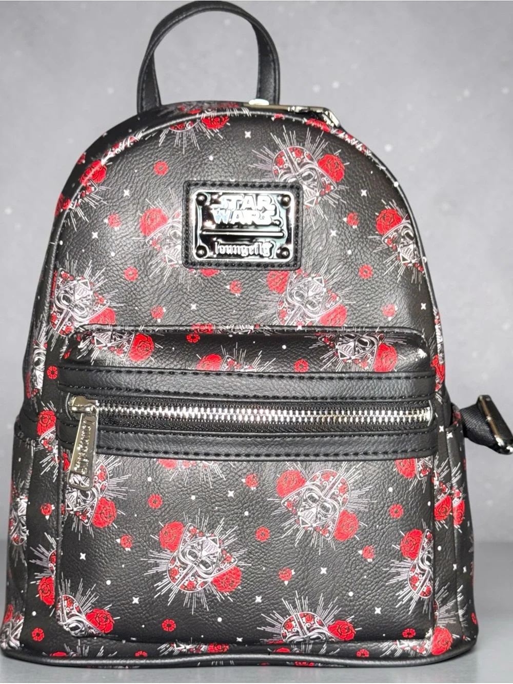 Loungefly Black Darth Vader Mini Backpack with Red Rose Sugar Skull Star Wars